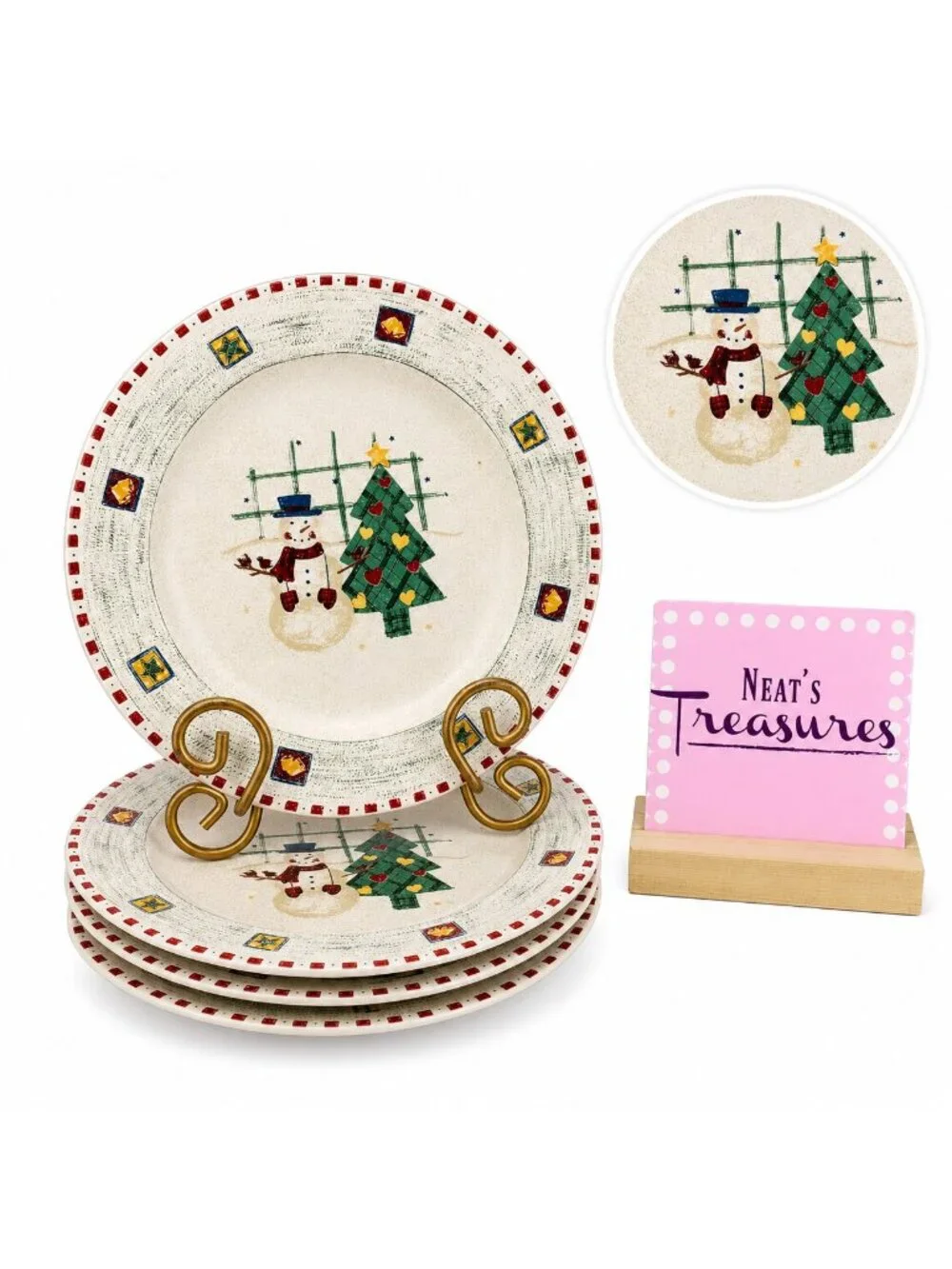 Gibson SNOWMAN Tree Red Block Christmas Stoneware Lunch Salad Plates Set 4